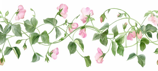 Seamless Horizontal Watercolor Sweet pea vines Pink Flowers isolated on White background