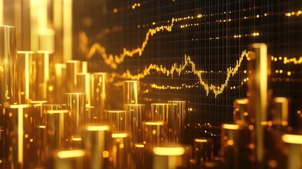 Obraz premium A gold market financial diagram illustrating business success and growth, with upward-trending charts and golden hues.