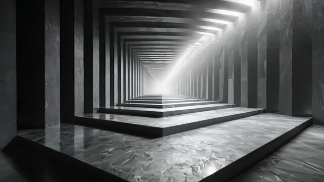 A long, narrow hallway with a light shining down on it. The hallway is made of concrete and has a very modern feel to it