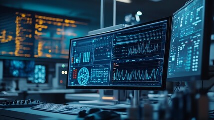 A scientific research setting with a computer screen displaying complex electrical wave graphs, highlighting the detailed data and analysis of electrical signals.
