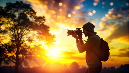Fototapeta premium Dark silhouette of a photographer in action, camera in hand, against a bright sunny background with blurred trees and vibrant colors.