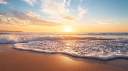 Obraz premium A serene coastal scene with the sun rising above the horizon, casting soft, warm light over gentle waves and creating a peaceful beach setting.