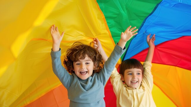 Joyful Kids Playing with a Bright and Colorful Parachute - Fun and Energetic Outdoor Activity for Children