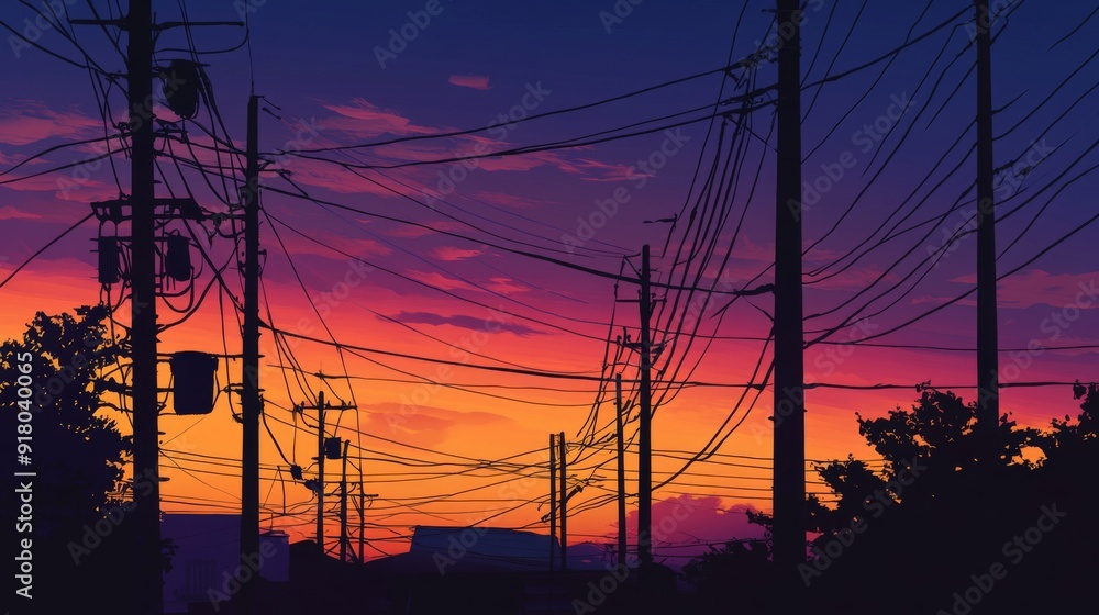 Poster a silhouette of electricity poles and power lines against a colorful sunrise or sunset, capturing th