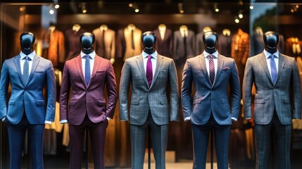 Fototapeta premium A lineup of mannequins wearing diverse business suits, highlighting the range of professional attire options.