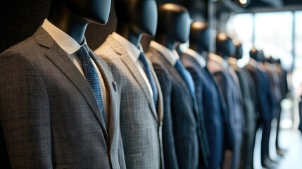 A lineup of mannequins wearing diverse business suits, highlighting the range of professional attire options.