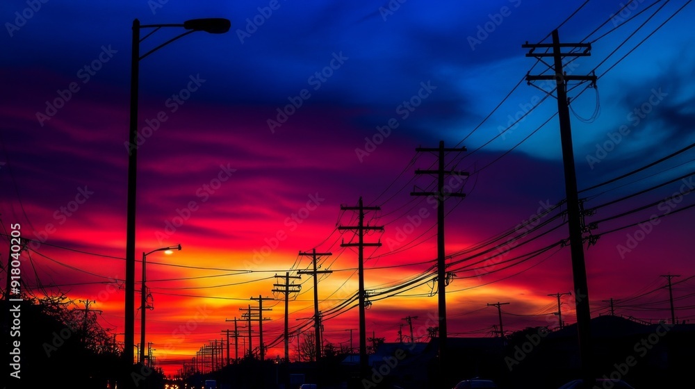 Poster a silhouette of electricity poles and power lines against a colorful sunrise or sunset, capturing th