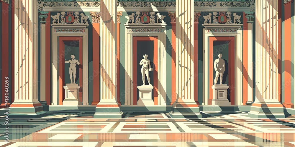 Poster ancient architecture with three statues.