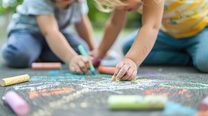 Obraz premium Creative Kids: Children Expressing Themselves Through Chalk Drawing on Playground Pavement