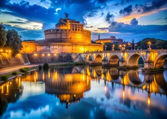 Fototapeta premium Dramatic blue hour scene of Castel Sant'Angelo Castle in Rome, Italy, with warm golden lighting and vibrant blue sky, surrounded by serene Tiber River flow.