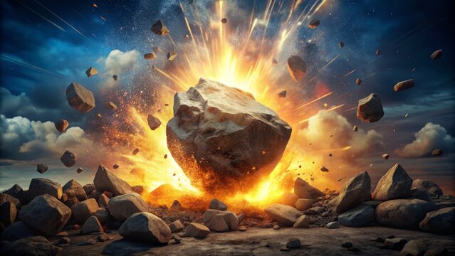 Dramatic explosion of a massive boulder, sending shattered rock fragments flying in all directions amidst a burst of intense light and energy.