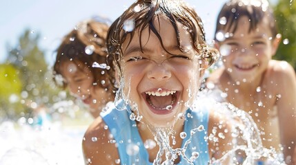 Joyful Kids Having Fun on a Vibrant Splash Pad - Summer Water Playtime with Laughter and Splashing Activities