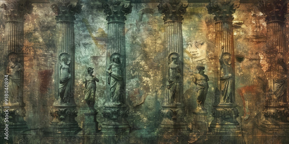 Poster ancient stone columns with statues.