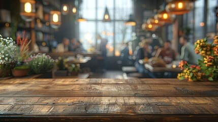 Cozy caf&eacute; interior with rustic wooden table, warm lighting, and patrons enjoying drinks in a lively atmosphere during the afternoon