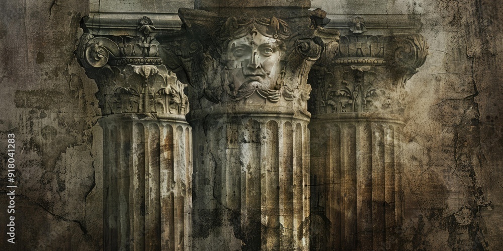 Poster three weathered stone columns with intricate details.