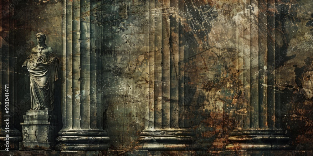 Poster ancient weathered stone columns with statue.