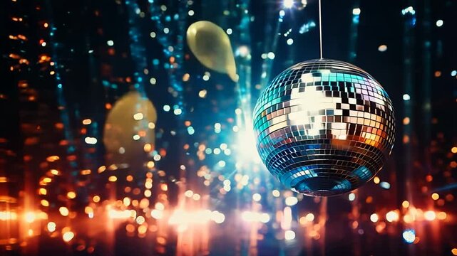 Disco shiny ball, party reflecting colorful lights for music broadcast, night clubs, musical video