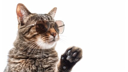 Fototapeta premium A stylish tabby cat wearing aviator sunglasses, sitting confidently with one paw raised. The white background highlights the catâ€™s playful yet cool demeanor, showcasing its unique personality. 