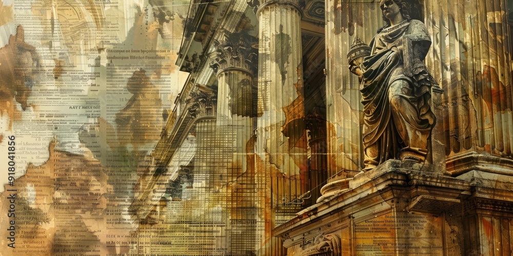 Poster ancient stone statue and column with text overlay.