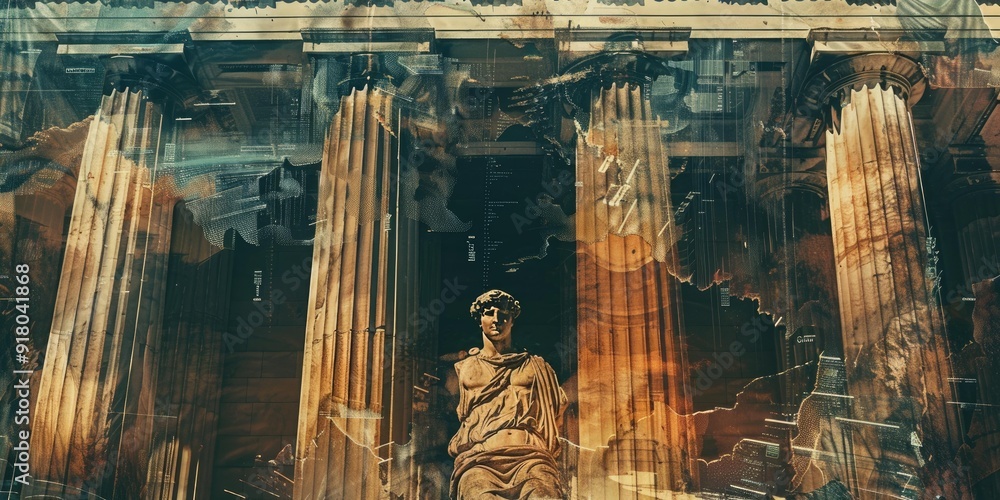 Poster ancient greek columns with a statue in front.