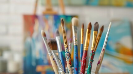 Fototapeta premium Creative Collection of Paintbrushes in Jar with Canvas Background - Artistic Tools for Painting Inspiration