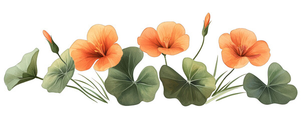 Fototapeta premium Vibrant, delicate flowers with green leaves, perfect for nature-themed designs, illustrations, or floral decorations. transparent background