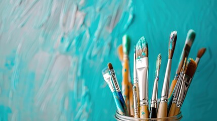 Fototapeta premium Artistic Tools: Paintbrushes in Jar with Canvas Background, Creative Workspace Concept