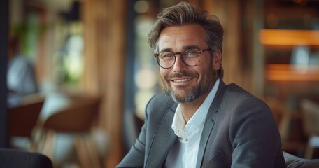 A handsome businessman in his late thirties, wearing glasses and a suit with a white shirt, sits on an armchair smiling. The background features wooden walls and blurred figures.