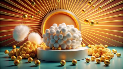 Obraz premium Golden kernels bursting into fluffy white puffs in front of a circular, colorful, and modern design element, symbolizing entertainment, fun, and cinematic experiences.