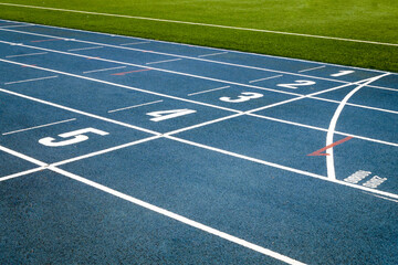 Treadmill with blue color and white numbers on it in the vohle of a large soccer field with green artificial grass.