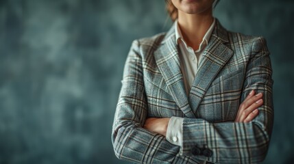 Fototapeta premium Businesswoman in a plaid suit standing confidently with arms crossed against a textured background in a professional setting