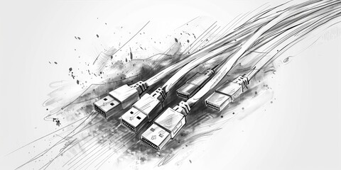 Fototapeta premium Sketch of four USB cables on white paper.
