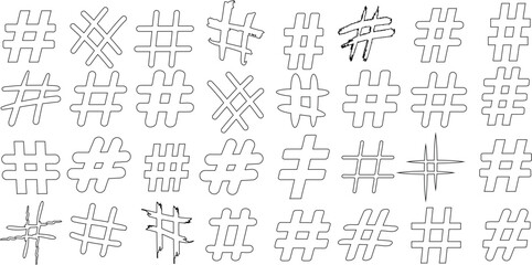 Hand drawn hashtag symbols in diverse style monochrome collection. Ideal for social media, design, and illustration projects