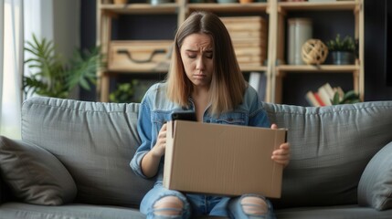 Naklejka premium Sad woman holding a cardboard box, feeling down after receiving bad news.