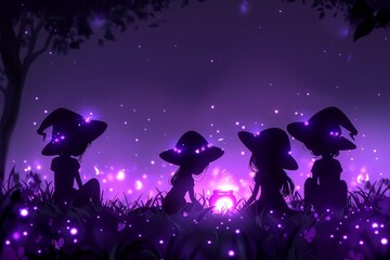 Enchanted Gathering of Four Magical Figures Beneath a Starry Sky at Twilight