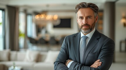 Fototapeta premium Businessman in a modern office setting with a confident expression during daylight