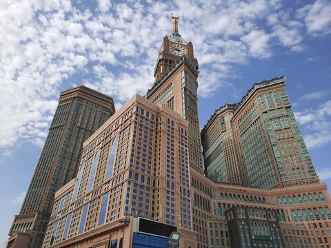 Beautiful daytime view of the Clock Tower of Makkah next to the Masjid Al Haram, Makkah.