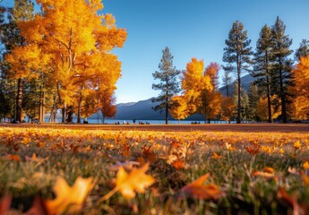 Obraz premium Vibrant Autumn Foliage Near a Lake With Pine Trees in Afternoon Sunlight