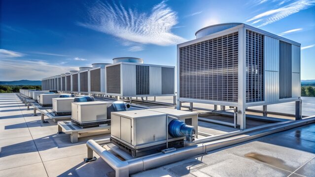Modern rooftop commercial HVAC system installation with rows of metal ducts, vents, and condenser units against a clear blue sky, depicting industrial efficiency.