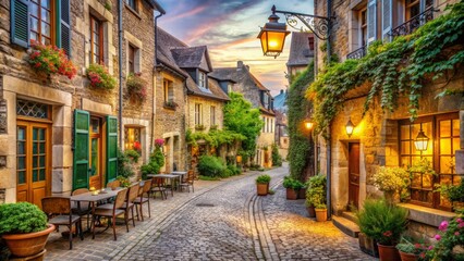 Obraz premium Narrow cobblestone street lined with ancient stone buildings, charming cafes, and vintage street lamps in a picturesque French town, exuding classic European charm.