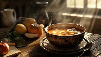 Warm Apple Soup on Rustic Table