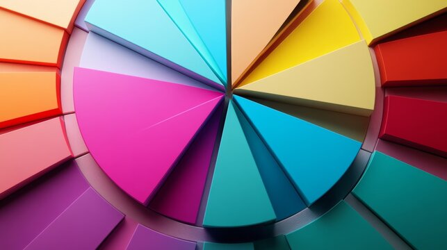 A top-down view of a 3D pie chart with vibrant segments, displaying data in a visually engaging manner, with a focus on the depth and dimensionality of the chart.