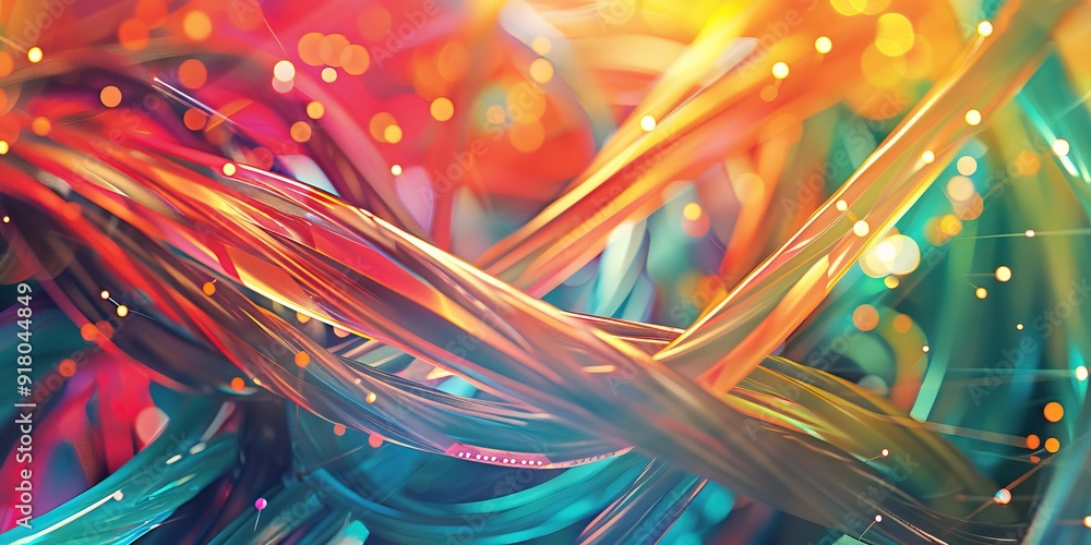 Poster abstract colorful curves and bokeh lights.