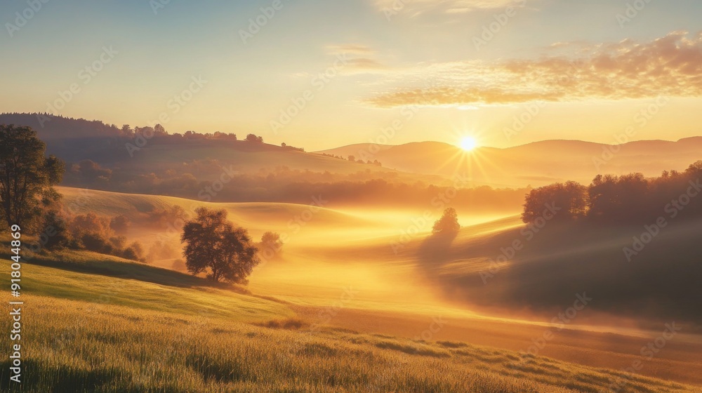 Poster a tranquil rural scene with the sun rising behind rolling hills and fields, with early morning mist 