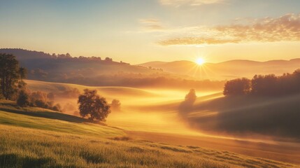 Obraz premium A tranquil rural scene with the sun rising behind rolling hills and fields, with early morning mist adding a soft, ethereal quality to the landscape.