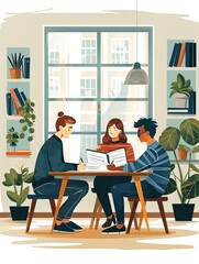 Study group, students preparing for exams, flat design illustration