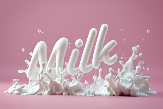 A front view of a splash of white liquid forming the word Milk on a pink background