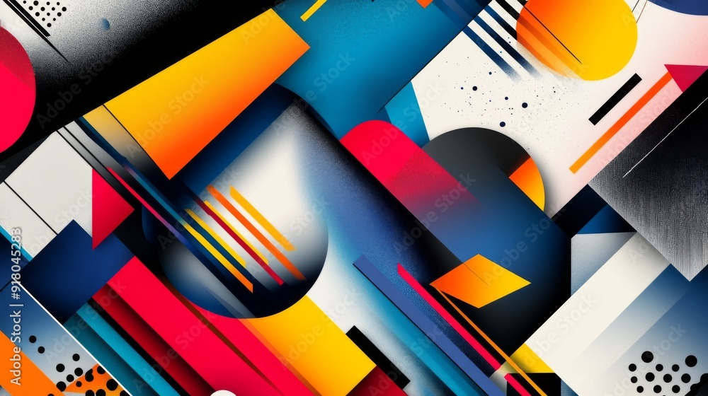 Poster a vibrant, abstract graphic design featuring bold geometric shapes and bright colors, with a modern 