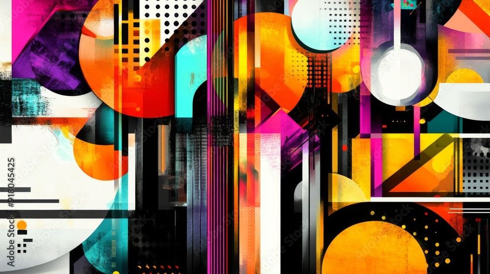 Poster a vibrant, abstract graphic design featuring bold geometric shapes and bright colors, with a modern 