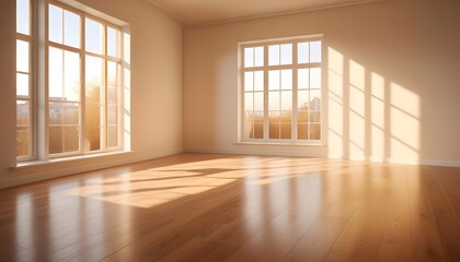 Obraz premium Empty room with large windows, hardwood floors, and natural lighting